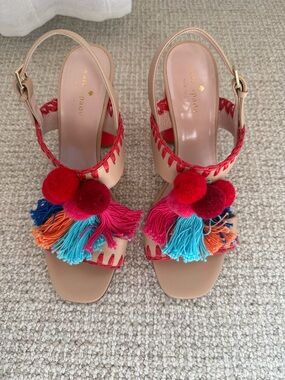 Kate Spade New York Beige Slingback Sandals with Multicolor Tassles